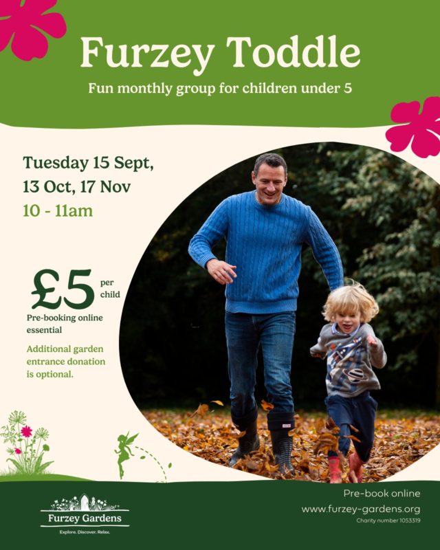 The Furzey Toddle is back tomorrow, Tuesday 15 September.

Our monthly group for children under 5 is back with autumn dates. This month we've heard there have been some sightings of a colourful elephant hiding amongst the trees!

Join us for a simple craft and a short toddle around the gardens, finished off with a delightful story that will keep little ones enthralled.

We still have places available, however due to technical issues with our booking system those who have not booked will need to pay at the entrance on arrival. The Furzey toddle costs £5 per child, additional entrance donation is option.